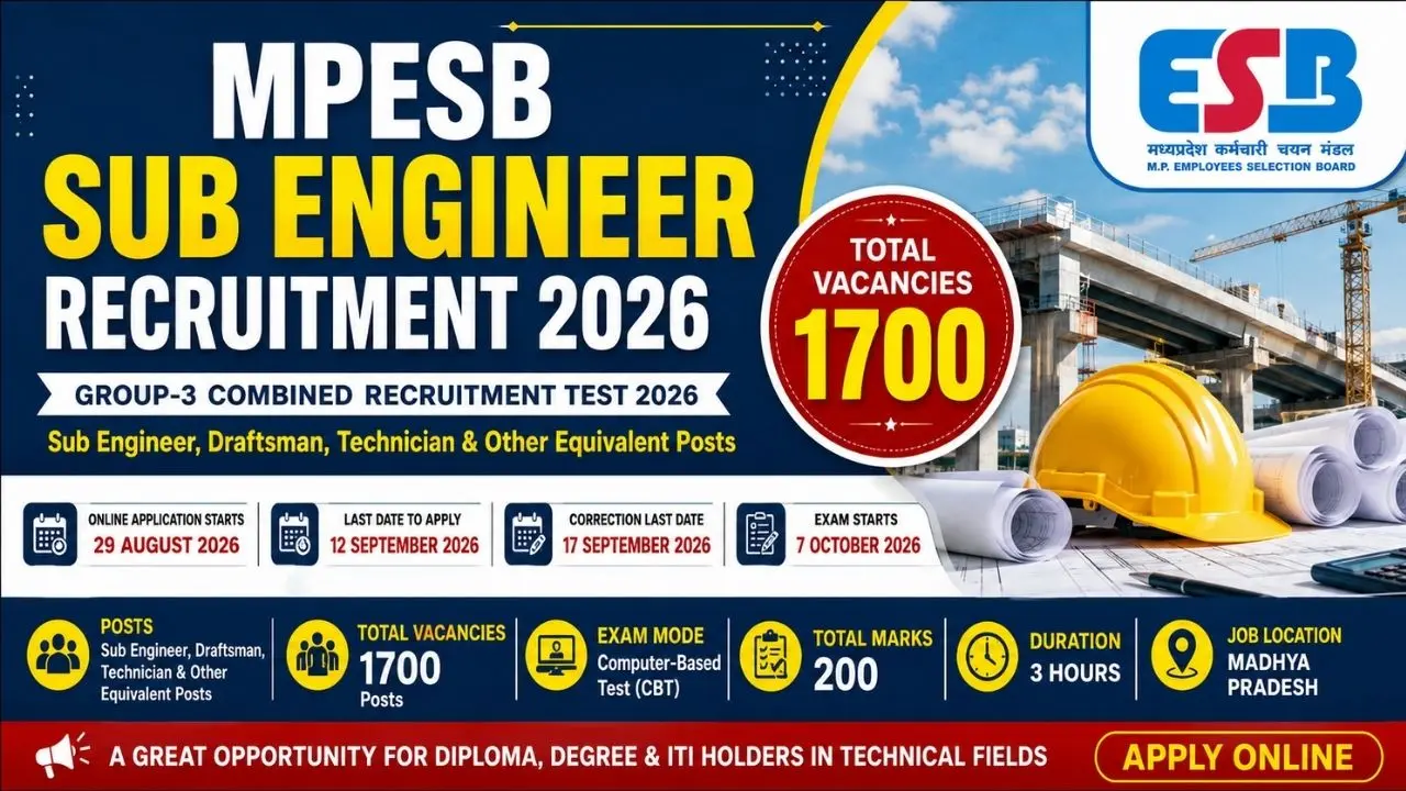 MPESB Sub Engineer Recruitment 2026 Notification Out Apply Online 1700 Draftsman, Technician & Group 3 Vacancies